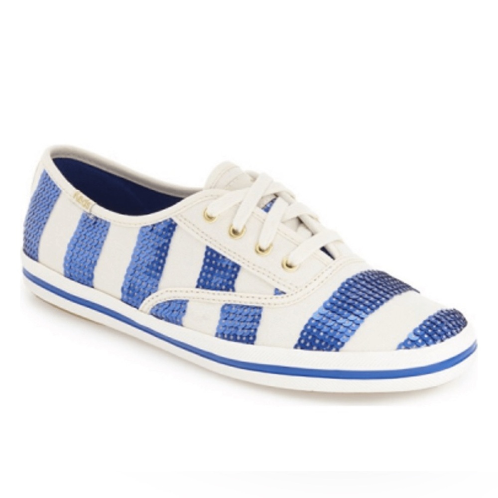 Keds x Kate Spade New York Champion Kick Sequin Stripe Sneakers Blue White Sz 8